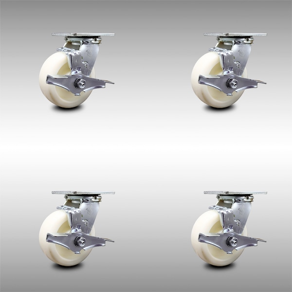 5 Inch Stainless Steel Nylon Swivel Caster Set with Ball Bearings and Brakes SCC